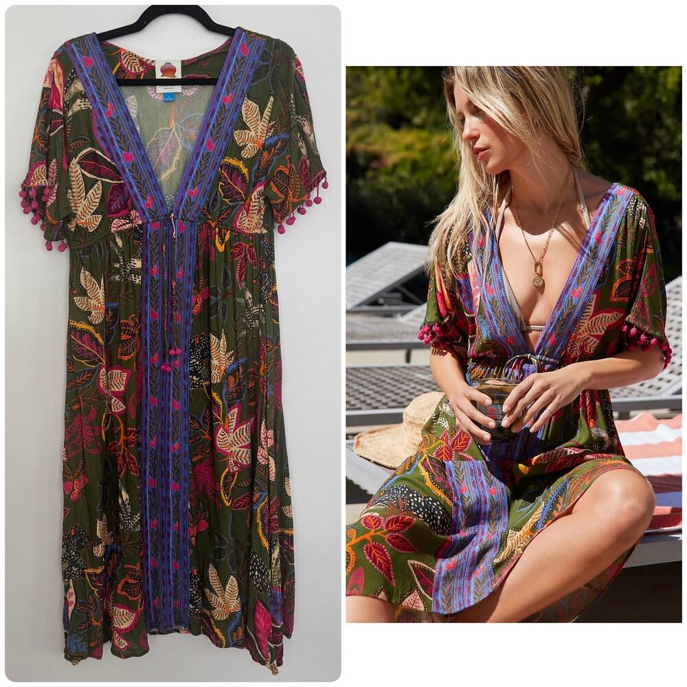 Farm Rio for Anthropologie Tropical Deep-V Coverup Dress with Pom-Pom Detailing